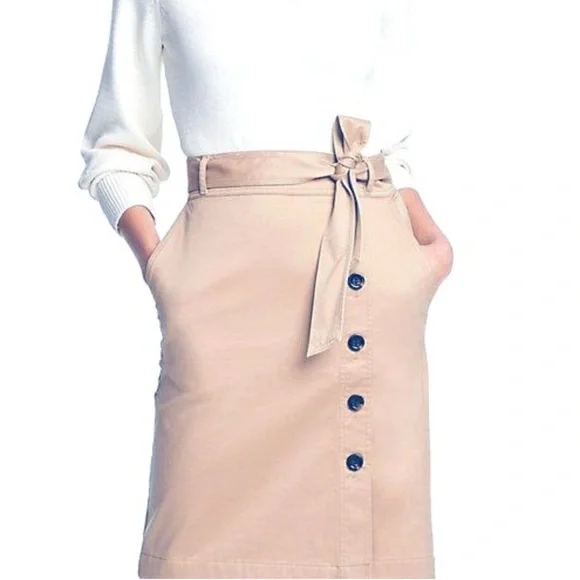 Ann Taylor Tan Khaki Cotton Sateen Pencil Skirt Button Detail & Belt Size 12 - Picture 3 of 13